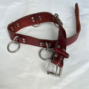 Vintage brown leather five metal ring belt